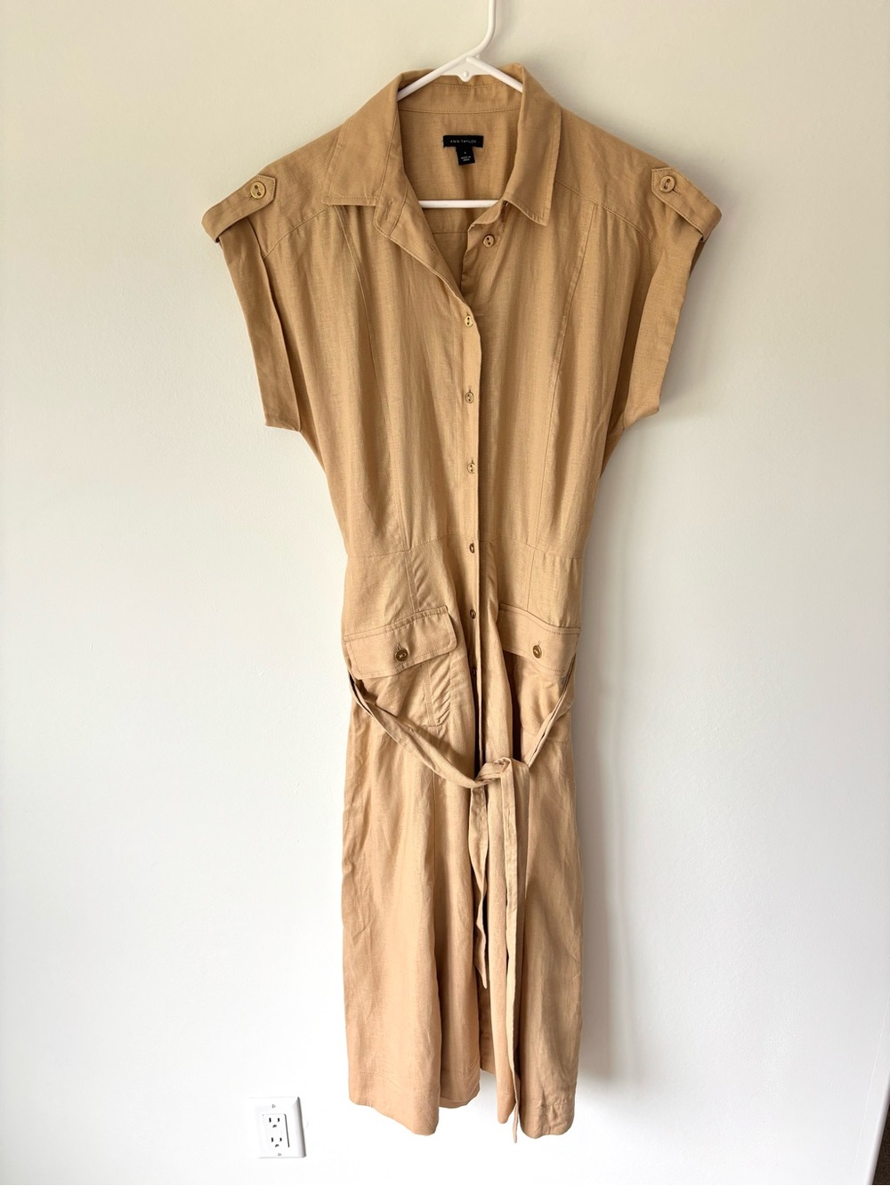 Ann Taylor Linen Blend Midi Utility Shirt Dress Tan Camel Safari Belted Gold
